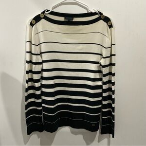Escada Sport Black and White Striped Boatneck Sweater with Shoulder Buttons sz S